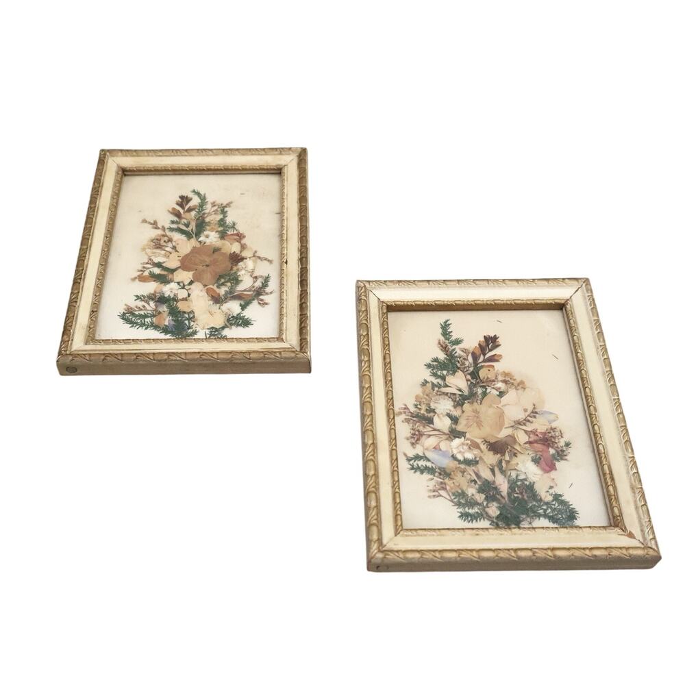 Vintage Handmade Pressed Flowers Mini Gold Frames Art Decor Gallery Wall 60s 70s
